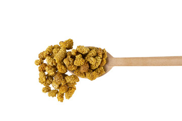 dried white mulberry fruit - latin Morus alba -  on wooden spoon isolated on white background. Spices and food ingredients.