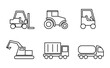 Vector illlustration with loader, tractor, truck, excavator. Linear icon.