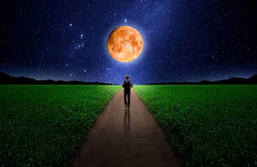 Wall Mural - lonely man walking down a long road with full moon