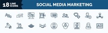 Set Of Social Media Marketing Web Icons In Outline Style. Thin Line Icons Such As Letters, Post Stamp, Pixelated, Recreational, Partner, Seminar, Avatars, Ad Vector.