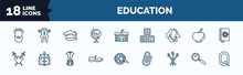 Set Of Education Web Icons In Outline Style. Thin Line Icons Such As Robinson Crusoe, Earth Globe, Shakespeare, Romeo And Juliet, Shoe, Three Musketeers, Magnifying Glass, Letter Vector.