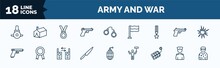 Set Of Army And War Web Icons In Outline Style. Thin Line Icons Such As Submarine Front View, , Militaty Medal, Gun, Knife, Dynamite, Lieutenant, Conscription Vector.