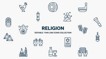 Wall Mural - concept of religion web icons in outline style. thin line icons such as chicken, dipa, meditation, shehnai, israel barley, islamic lantern, torah book, hebrew wine, reading quran vector.