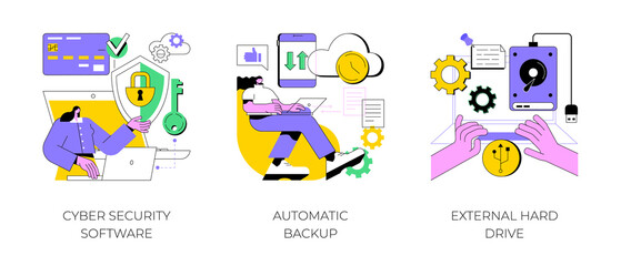 Wall Mural - Data protection and recovery abstract concept vector illustration set. Cyber security software, automatic backup, external hard drive, mobile phone synchronization, storage hdd abstract metaphor.