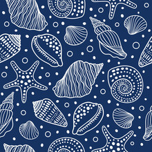 Sea Shells, Fossils, Mollusks And Starfish Seamless Pattern. Summer Beach Hand-drawn Seaside Vector Print. Fashion Textile Monochrome Blue And White Colors. Seashore Elements Design For Fabrics