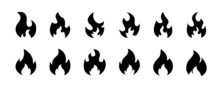 Fire Flame Icon Collection Isolated On White Background. Fire Icon Collection. Bonfire Silhouette Logotypes. Burning Icons. Black Flames Collection. Vector Graphic. EPS 10