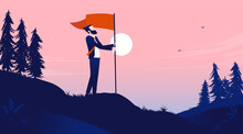 Man Achievement - Successful Businessman Holding Flag On Hill In Landscape Celebrating Winnings And Victory. Vector Illustration With Copy Space For Text