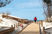 Construction Of Access To The Sea Through The Dune. Wooden Walkways To The Beach.
