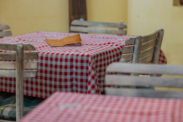 Typical interior of a serbian restaurant in vintage style. Red c