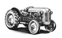 Retro Farm Agricultural Tractor, Sketch. Hand Drawn Vintage Vector Illustration