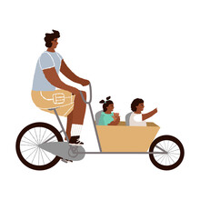Man Rides A Cargo Cycle Or Bakfiets Bike, His Children In The Cart. Transport For Outdoor Family Pastime, Riding.