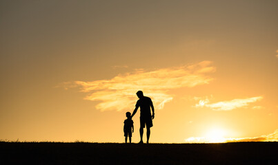 Wall Mural - Father spending time with his child walking together in the park at sunset. Fatherhood, father son relationship,  and parenting concept. 