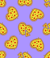 Tasty heart shaped pizzas on purple background. Vector seamless pattern