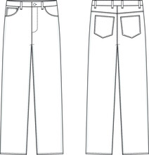 Straight Leg Jeans Flat Technical Drawing Illustration Five Pocket Classic Blank Streetwear Mock-up Template For Design And Tech Packs CAD.