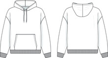 Hoodie Sweatshirt Flat Technical Drawing Illustration Mock-up Template For Design And Tech Packs Men Or Unisex Fashion CAD Streetwear. 