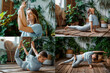 © muse studio - Woman yoga workout, asana pose exercise. Collage of photos on the theme of sports for life