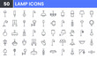 © Gofficon - Lamp and Lighting Design vector line icon set. Contains linear outline icons like Floor Light, Spotlight, Desk Lamp, Lantern, Chandelier, Ceiling, Led, Bulb, Backlight. Editable use and stroke for web