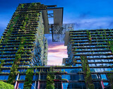 Fototapeta Las - Apartment block in Sydney NSW Australia with hanging gardens and plants on exterior of the building at Sunset with lovely colourful clouds in the sky