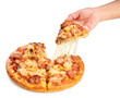 Hand picks up a slice of pizza with stretched cheese isolated on white background, Pizza on white background With clipping path.