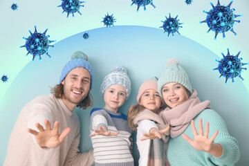 Healthy family with strong immunity on blue background. Protection against viruses