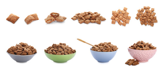 Wall Mural - Set of tasty chocolate corn pillows on white background
