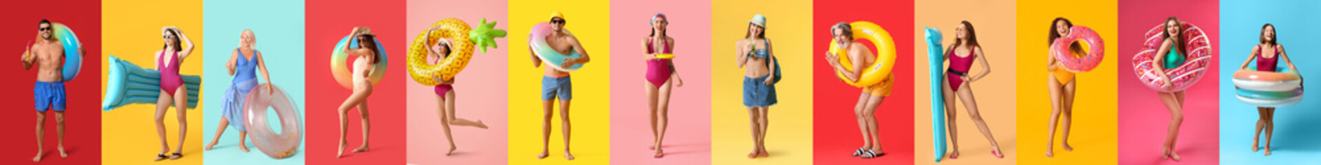 Wall Mural - Set of different people in beachwear on colorful background