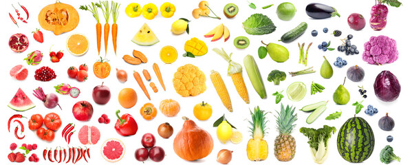 Wall Mural - Set of fresh fruits and vegetables on white background