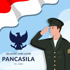 Wall Mural - pancasila day - hari lahir pancasila illustration with soldier saluting