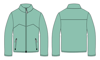 Sticker - Long sleeve jacket with pocket and zipper technical fashion flat sketch vector illustration Light Green Color template front and back views. Fleece jersey sweatshirt jacket for men's and boys.