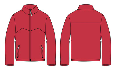 Long sleeve jacket with pocket and zipper technical fashion flat sketch vector illustration Red Color template front and back views. Fleece jersey sweatshirt jacket for men's and boys.