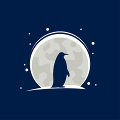 silhouette penguin logo standing on full moon at dark night