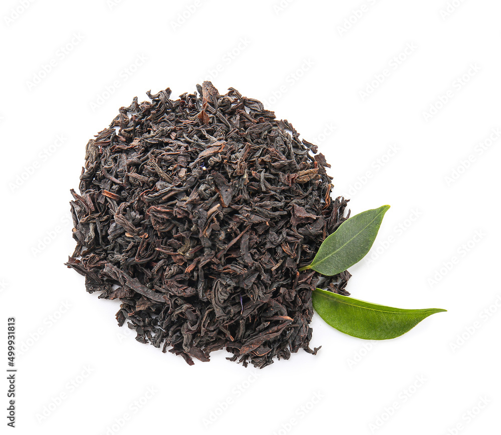 Heap of dry tea leaves isolated on white, top view