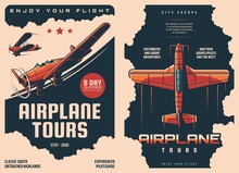 Airplane Tours Retro Posters, Air Travel And Avia Tourism, Passenger Flights And Tickets Booking. Vector Vintage Posters Of Airlines Tours On Private Jets Or Charter Flight With Travel Guide Pilots