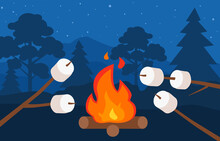 roasting marshmallow on sticks over the campfire night forest camping vector illustration 
