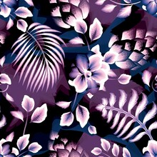 Purple Tropical Seamless Pattern On Dark Abstract Background. Tropical Pattern Plants And Foliage. Jasmine Flowers Pattern. Palm On Night Background. Nature Decorative. Tropical Wallpaper.
