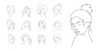 Set of abstract woman faces. Elegant female portraits with closed eyes. Hand drawn outline female silhouettes. Vector illustration in one line style. Beauty logo.