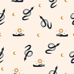 Wall Mural - seamless pattern with boho magic snake and moon. mystical symbol in a trendy minimalist style. esote