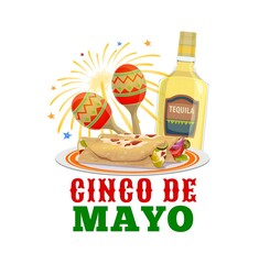 Cinco de Mayo holiday vector food and drink. Mexican fiesta tequila bottle, maracas and burrito with festive fireworks, Mexico party, music festival and Puebla Battle anniversary celebration design