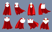 Hero And Super Hero Red Capes And Cloaks With Collar. Cartoon Vector Textile Clothes With Empty Banners Of Round, Oval, Rectangle And Square Shape. Superhero Costume With Golden Star Clasp And Placard