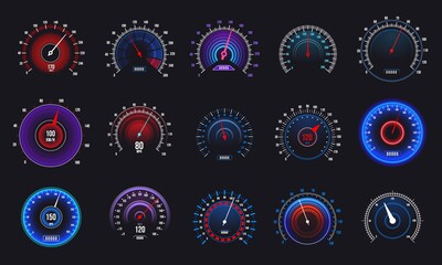 Wall Mural - Car speedometer. Odometer and RPM motorbike gauge, automobile speed counter and tachometer. Vector auto display set