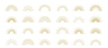 Linear Rising Sun. Outline Boho Sunset Logo Decorative Element, Abstract Minimalistic Sun Symbol. Vector Isolated Set