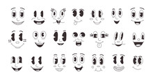 Cartoon Emotions. Retro Comic Faces Collection With Smile Emotion, Vintage Face Of Mascot Character. Vector Clip Art Collection