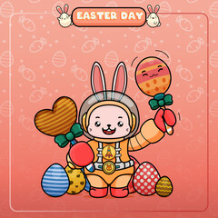 Celebrating Easter, doddle bunny mascot with an outline, in a kawaii style. easter bunny cartoon illustration in astronaut suit holding a ornament egg with stick and chocolate candy on another hand