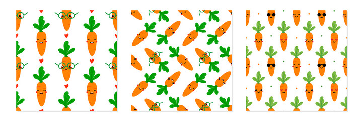 Wall Mural - Set, collection of three vector seamless pattern backgrounds with cute smiling cartoon style carrot vegetable characters for food and nature design.