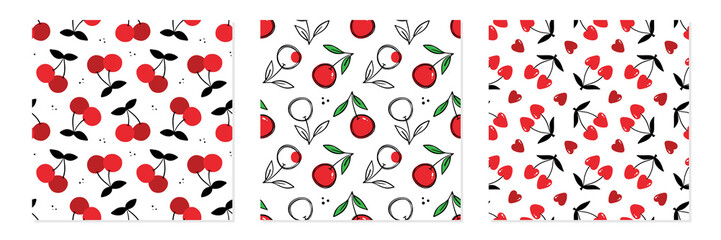 Wall Mural - Set, collection of three vector seamless pattern backgrounds with doodle and cartoon style cherry for food and nature design.