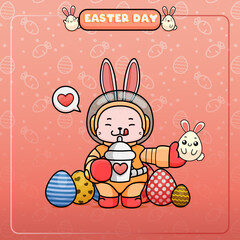 Wall Mural - Celebrating Easter, doddle bunny mascot with an outline, in a kawaii style. easter bunny cartoon illustration in astronaut suit holding a little egg bunny with cute face and boba tea in tumbler