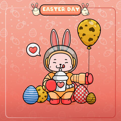 Wall Mural - Celebrating Easter, doddle bunny mascot with an outline, in a kawaii style. easter bunny cartoon illustration in astronaut suit holding a easter balloon and tumbler boba tea