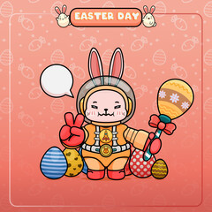 Wall Mural - Celebrating Easter, doddle bunny mascot with an outline, in a kawaii style. easter bunny cartoon illustration in astronaut suit holding a maracas with pattern and showing peace gesture