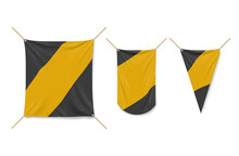 Square Vinyl Banner And Pennants Hanging With Ropes. Vector Realistic Mockup Of 3d Yellow And Black Canvas Posters, Textile Pennons Isolated On White Background