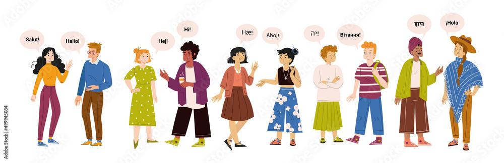 Diverse multilingual people group say hello on different foreign ...